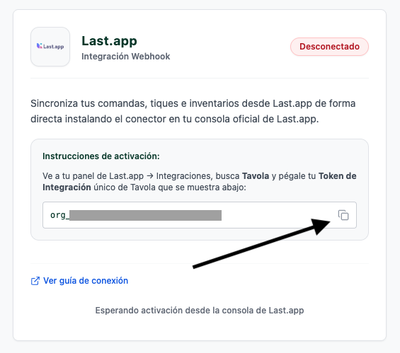 Token de integração nas configurações da Tavola